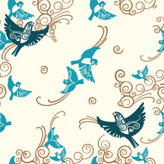 Seamless pattern with flying birds and beautiful curves