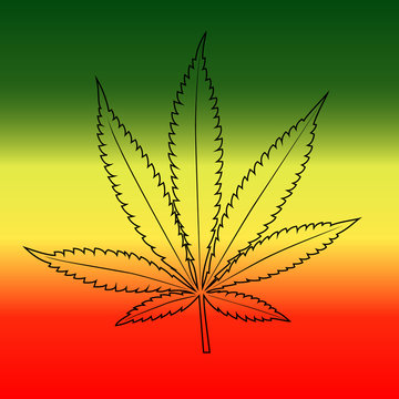 Cannabis leaf on rastafarian reggie flag background, horizontal.