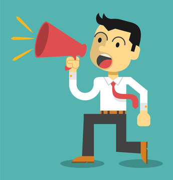 Business man cheer with a megaphone. Vector flat illustration