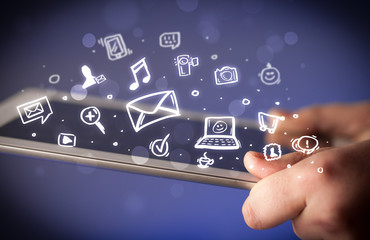 Finger pointing on tablet pc, social media concept