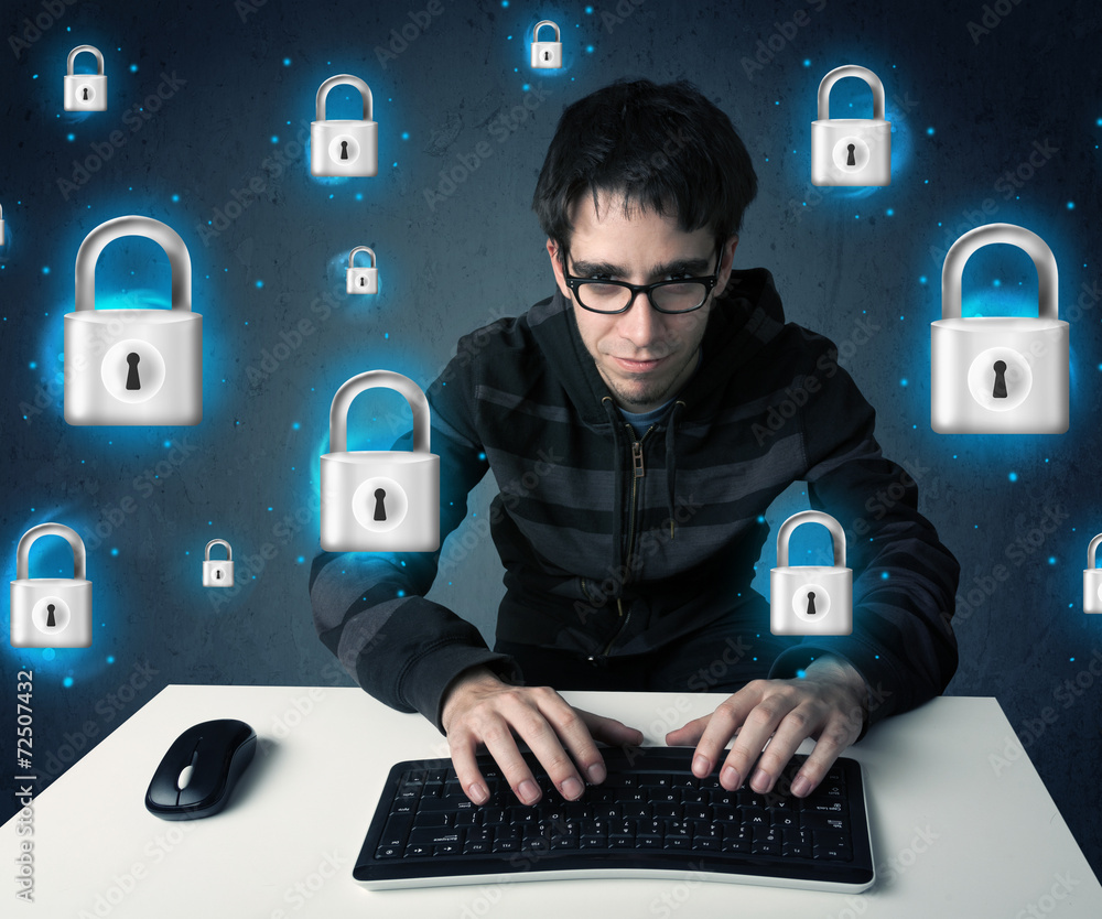 Poster young hacker with virtual lock symbols and icons