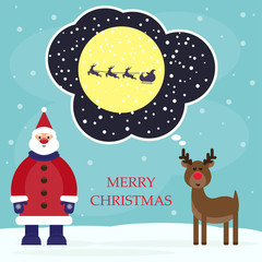 Naklejka premium funny winter holidays background with Santa and amusing deer