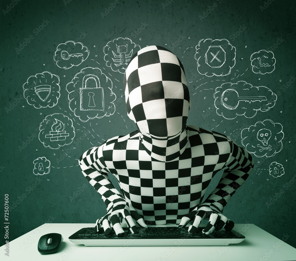 Poster hacker in mask morphsuit with virus and hacking thoughts