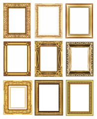 set 9 of vintage gold frame isolated on white background.