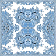 Poster Im Rahmen blaue Farbe Blumenpaisley-Bandana. Quadratisches Ornament © Kara-Kotsya