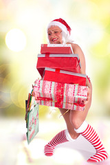 Weihnachtsstress Frau ermüdet mit vielen Geschenken - farbig,