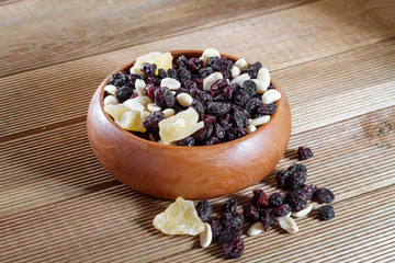 Mixed nuts with raisins close up on a wooden background