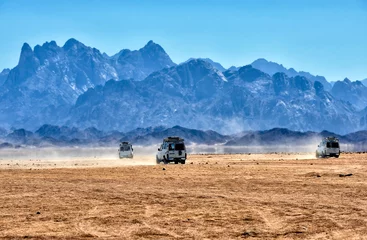 Foto op Plexiglas Landscape of Sahara desert with jeeps for safari. © Dejan Gileski