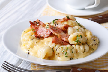 potato gnocchi with cheese and bacon. close up