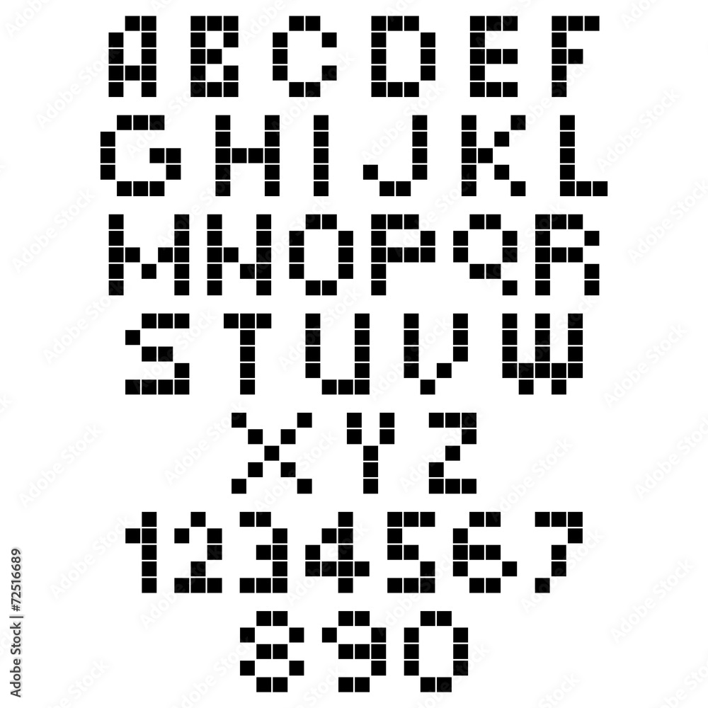 Aufkleber pixel font - alphabets and numerals characters in retro square