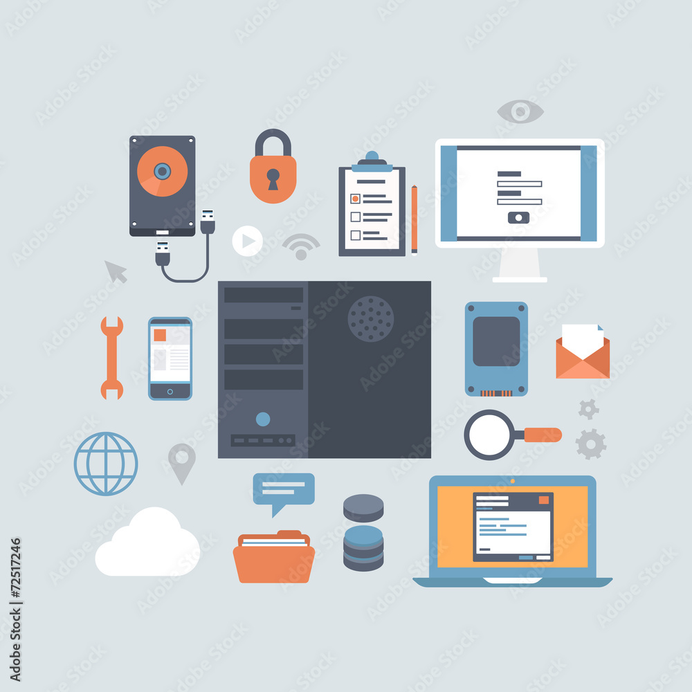 Poster server computing hosting modern flat style equipment icon set