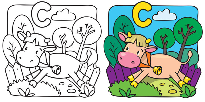 Little cow or calf coloring book. Alphabet C