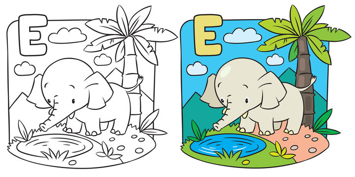Coloring book of elephant. Alphabet D
