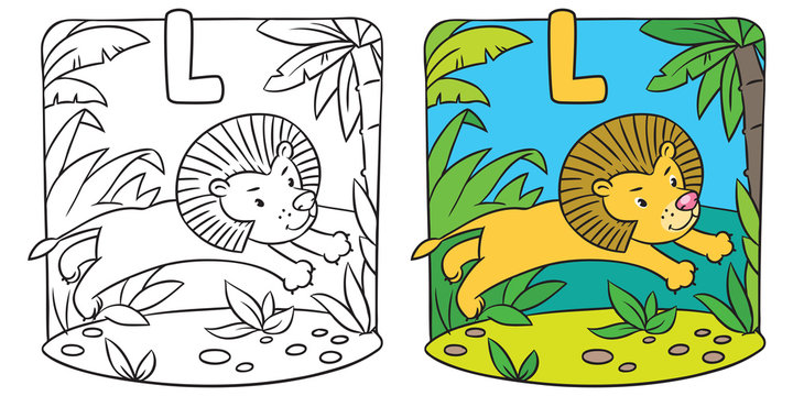 Little lion coloring book. Alphabet L
