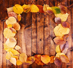 Fototapeta na wymiar Frame of yellow leaves on brown wooden background