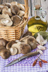 Cesta con setas de cardo frescas e ingredientes para su cocina