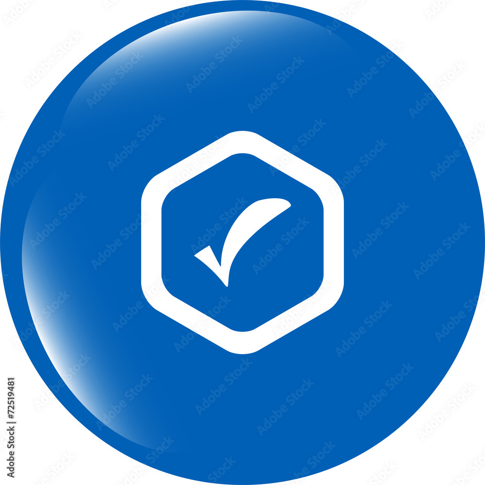 Aufkleber glossy web button with check mark sign, icon isolated on white