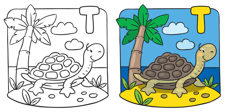 Little turtle coloring book. Alphabet T