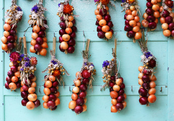 Zwiebelzöpfe - Zwiebeln zum Zopf geflochten, eine alte Bauerntradition, Dekoration, Deko