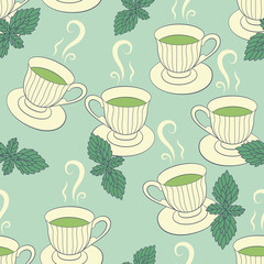 Seamless pattern with hand drawing cups and mint