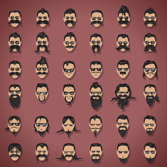 Face With Mustache And Beard Set - Isolated On Purple Background
