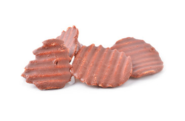 Close up of chocolate coated potato chips