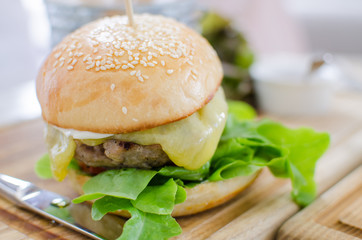 Hamburger with juicy beef and cheese