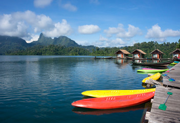 Fototapeta na wymiar Canoes docked on a lake