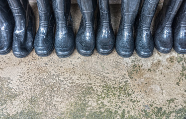 Black rubber boots in line
