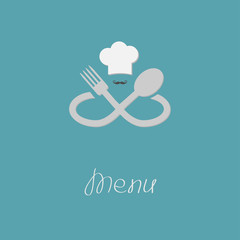 Fork, spoon infinity sign, chef hat and mustache. Menu Flat 