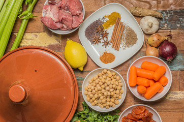 Ingredients for a Moroccan dish with lamb and vegetables