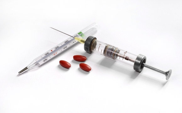 injection, thermometer, medicines