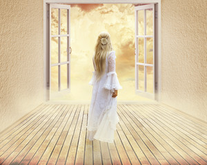 girl in white dress standing looking into window dreamland