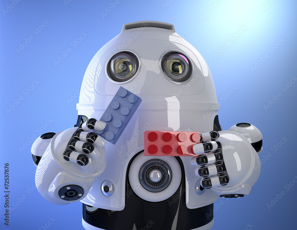 Poster robot playing with colorful building bricks.