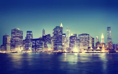 Gordijnen New York City Panorama Nacht Concepten © Rawpixel.com