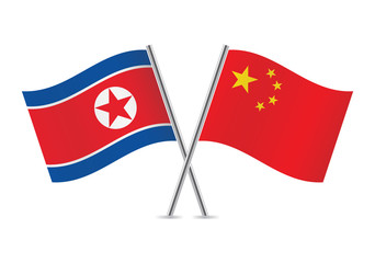 North Korean and Chinese flags. Vector illustration.