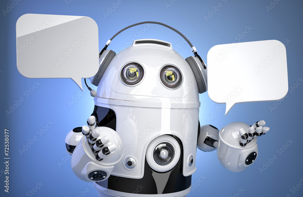 Poster robot customer service operator with headset and speech bubbles