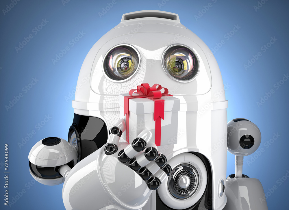 Poster robot with tiny gift box. contains clipping path