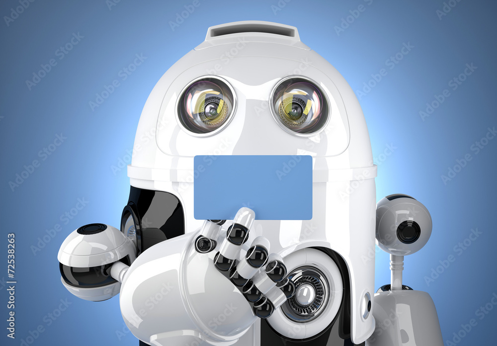 Poster robot's hand showing business card. contains clipping path