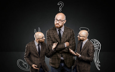 three identical men argue among themselves about