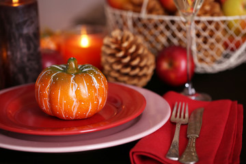 Festive autumn serving table close-up