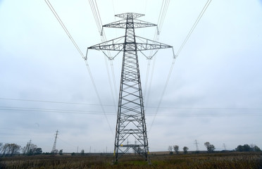 High-voltage tower sky background.