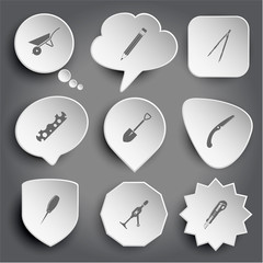 wheelbarrow, pencil, caliper, cycle spanner, spade, hand saw, aw