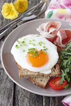 Fried egg with fresh bread,prosciutto,arugula and tomatoes