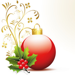 weinachtsdekoration mit kugel,mistel,stechpalme,kugel,rot