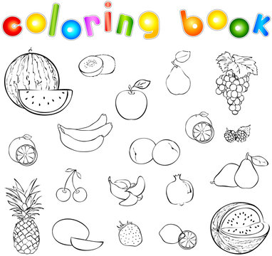 Set of fruits and berries coloring book