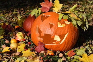 Halloweenkürbis mit Herbstdeko