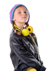 girl with a black jacket and headphones