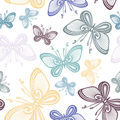 Plakat Seamless Ornate Floral Pattern with Butterflies (Vector)
