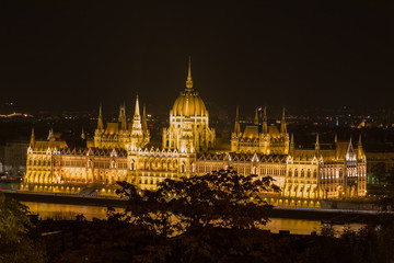 Fototapeta na wymiar Parliament building at night, Budapest Hungary, high view